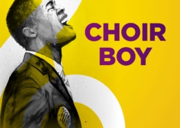 Choir Boy. Sketch of Pharus tilting his head upward, singing passionately, as a tear rolls down his face. Treble clef icon in white at left