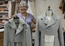 Sheila Morris with the beginnings of her two jackets for two different actors playing Frankenstein in 2016. Photo by John Moore.
