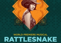 Rattlesnake Kate. Sketch of Kate Slaughterback in her signature flapper dress and cowboy hat with rattlesnake motif background