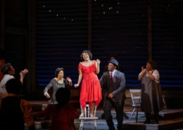 A woman sings while standing on a chair. She's wearing a glittering red dress. People clap and dance around her.