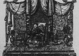 A sketch of Afong Moy in a curtained room