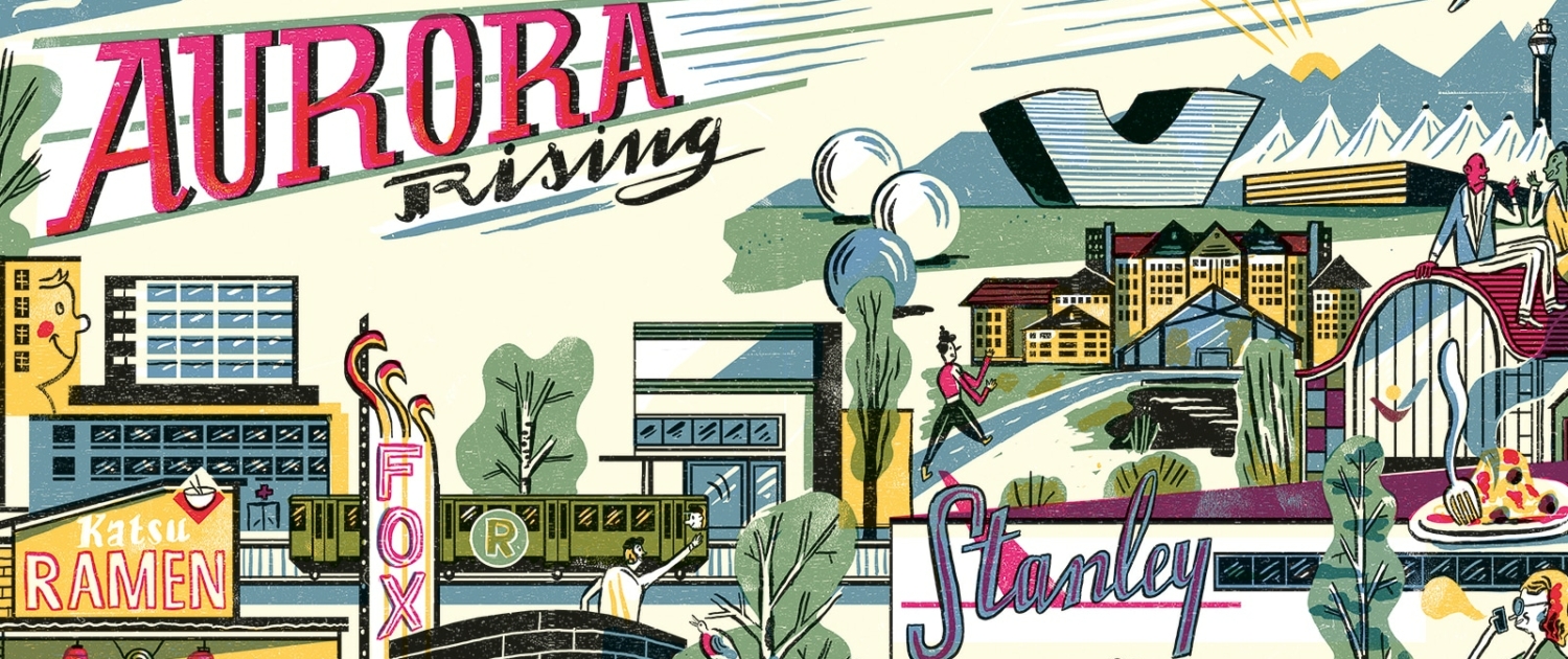 An illustration of the bustling buildings in Aurora