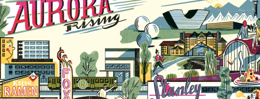 An illustration of the bustling buildings in Aurora
