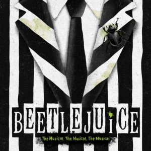 Beetlejuice logo letters over an image of a black and white striped suite with a solid black tie
