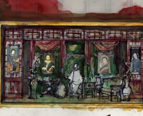 A colorful composite sketch of the set for The Chinese Lady