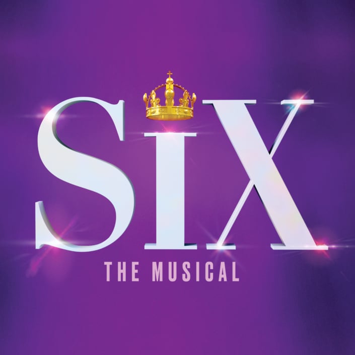 SIX the Musical logo white letters with a red and gold crown over the i on a purple background