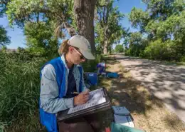 Denver Botanic Gardens ecologist records data during an ecological survey of an urban greenway in Denver