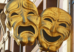 The two masks that define theatre, one crying on the left and one laughing on the right