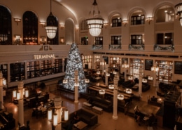The Union Station lobby decorated for the holidays