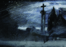 A painting of a church outlined against a starry blue sky. The church is dark with a cross featured prominently on a tower. White brushstrokes cover the bottom of the scene like fog.