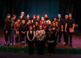 The casts and creative teams for the High School Playwriting staged readings pose for a photo together