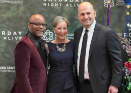 Mayor Michael B. Hancock, DCPA President and CEO Janice Sinden, and DCPA Board Chair Hassan Salem pose for a photo at Saturday Night Alive