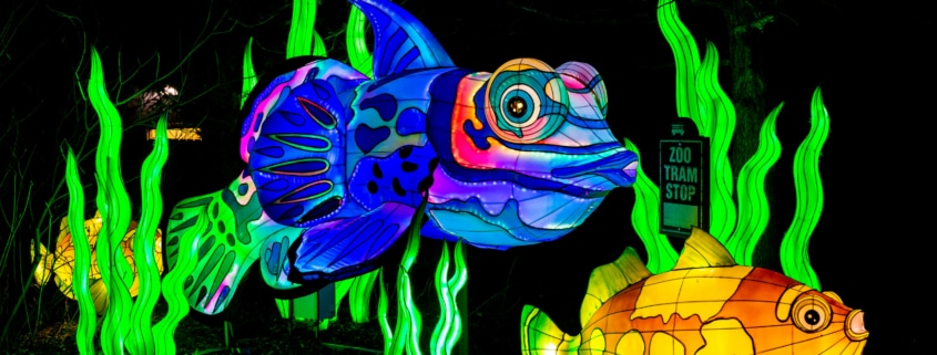 A glowing fish sculpture with seaweed