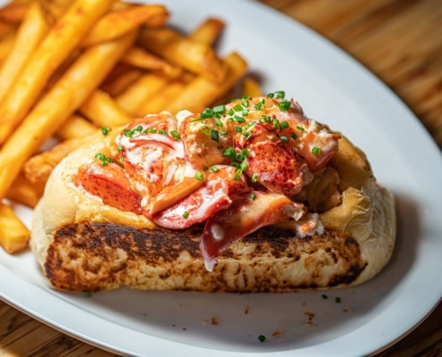 A fresh lobster roll topped with chopped herbs. Served on a plate with fries.