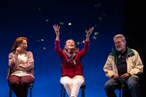 An older woman in a purple cardigan looks shocked as the older woman wearing a read sweater who is sitting next to her tries to catch spinach leaves that are falling around them like confetti. An older man in a tan windbreaker sits next to them chuckling.
