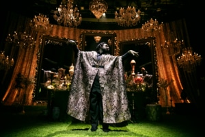 Michael Shayan playing his mother Roya is dressed in an intricate gold robe and large glasses, gestures grandly.