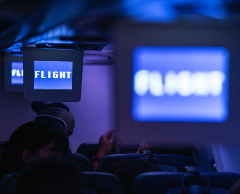 People are taking their seats on a plane. The overhead screens FLIGHT in white letters on a blue background.